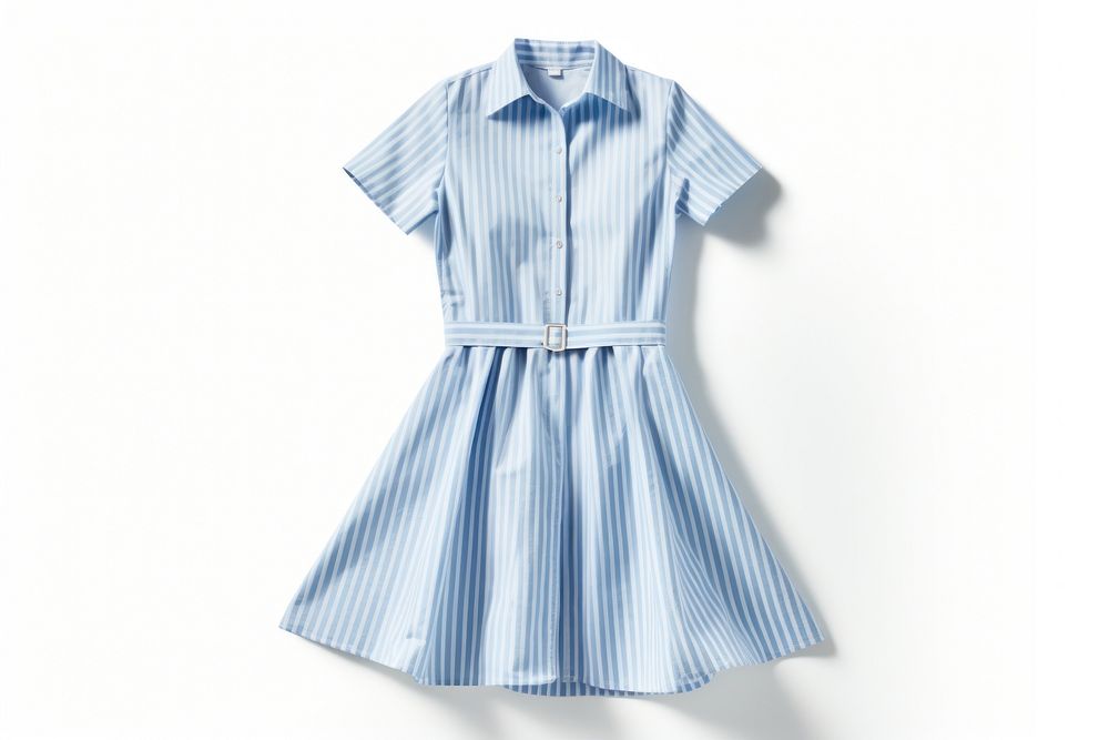 A blue striped shirt dress sleeve white white background. 