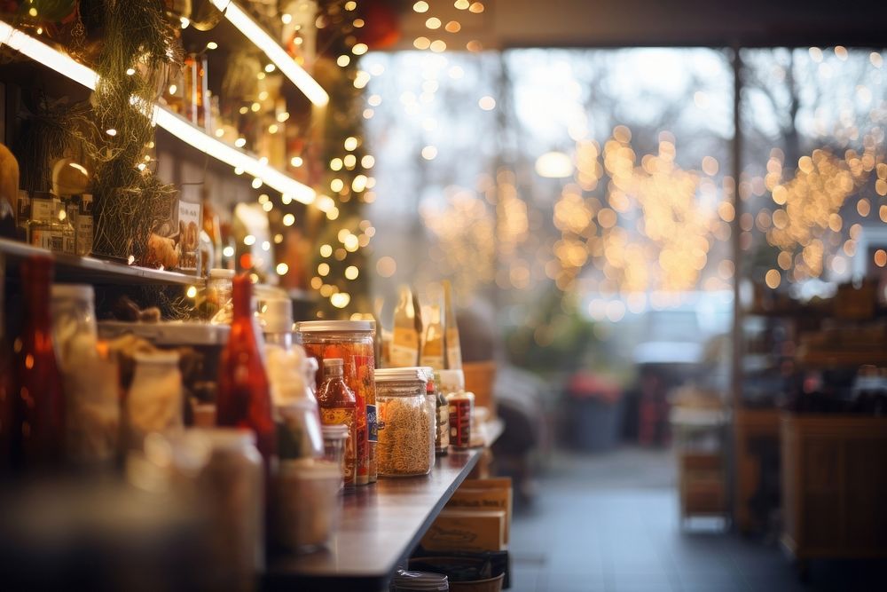 A local grocery store decoration christmas defocused. AI generated Image by rawpixel.