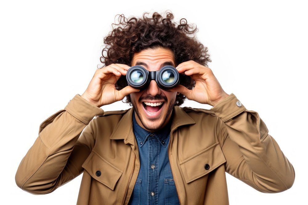 A young handsome man looking through binoculars adult photo white background. AI generated Image by rawpixel.