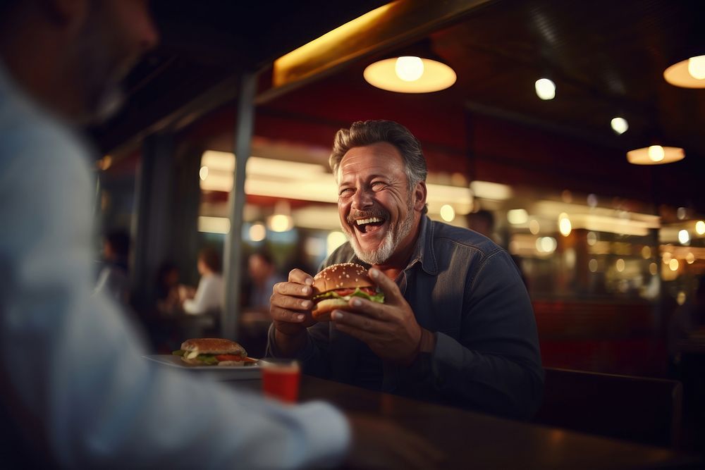 An middle aged man eating burger biting adult food. AI generated Image by rawpixel.