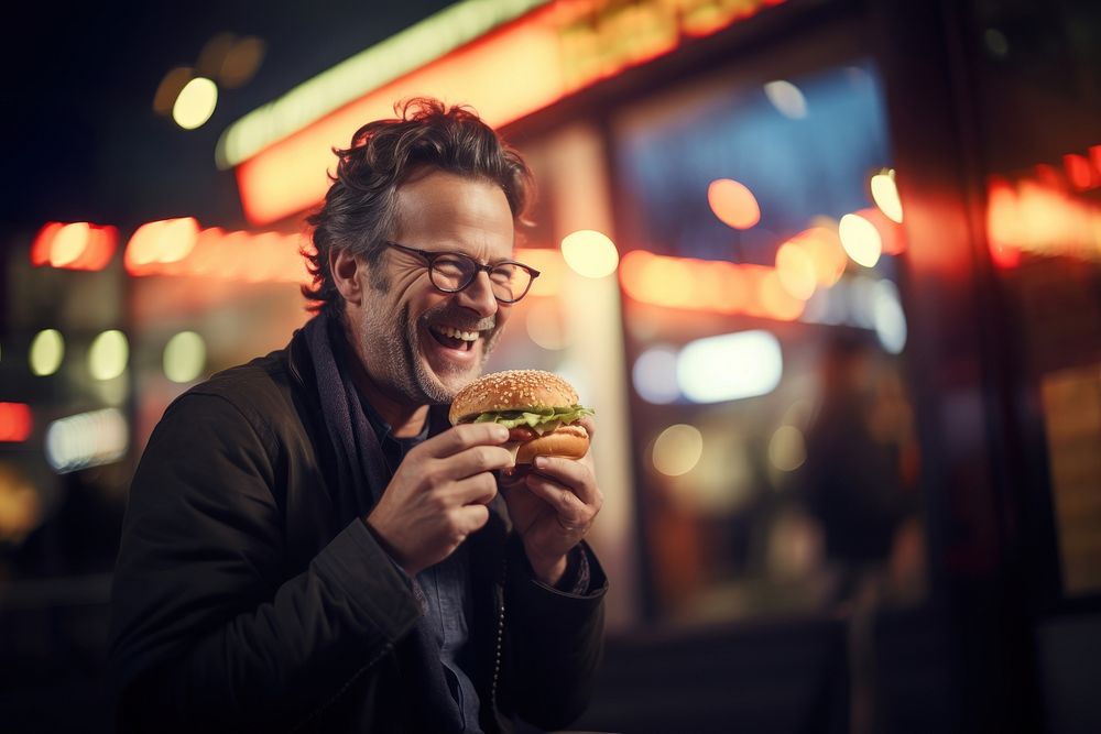 An middle aged man eating burger biting adult food. AI generated Image by rawpixel.