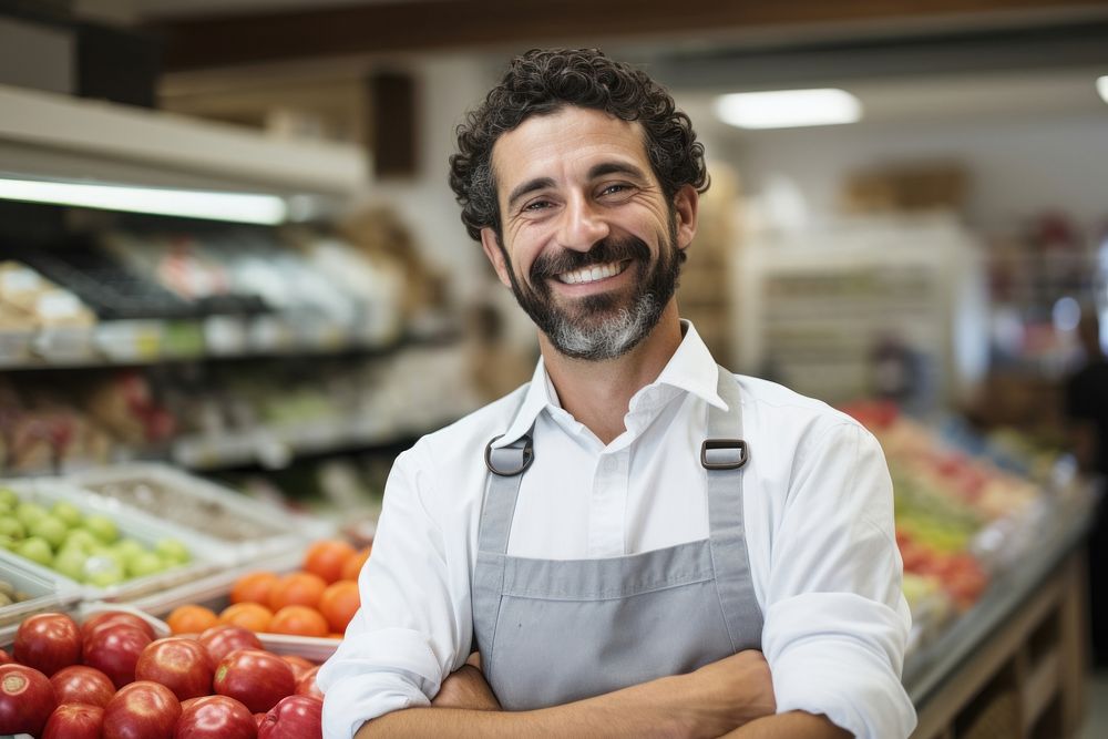 Supermarket working adult smile. 