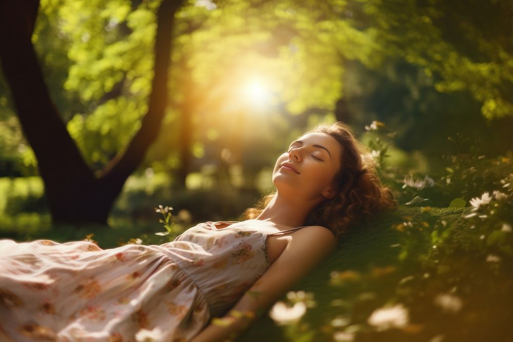 Sleeping portrait outdoors smiling. AI generated Image by rawpixel.