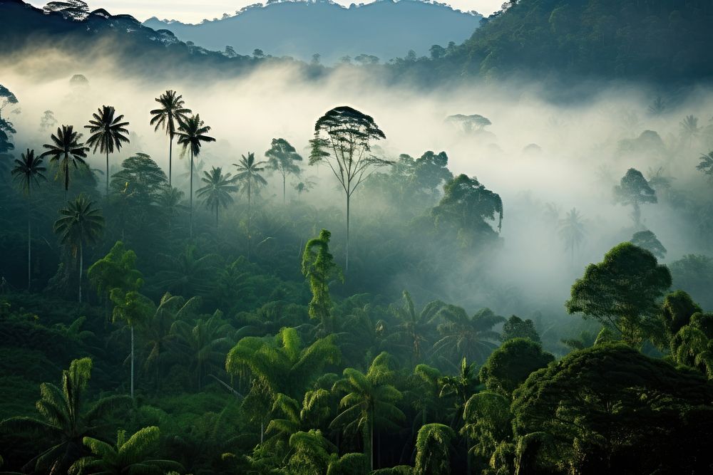 Rainforest landscape tree fog vegetation. 