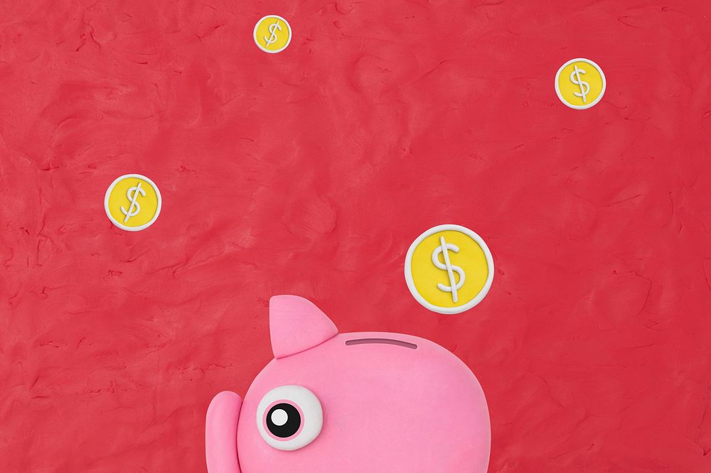 Piggy bank red background, clay textured