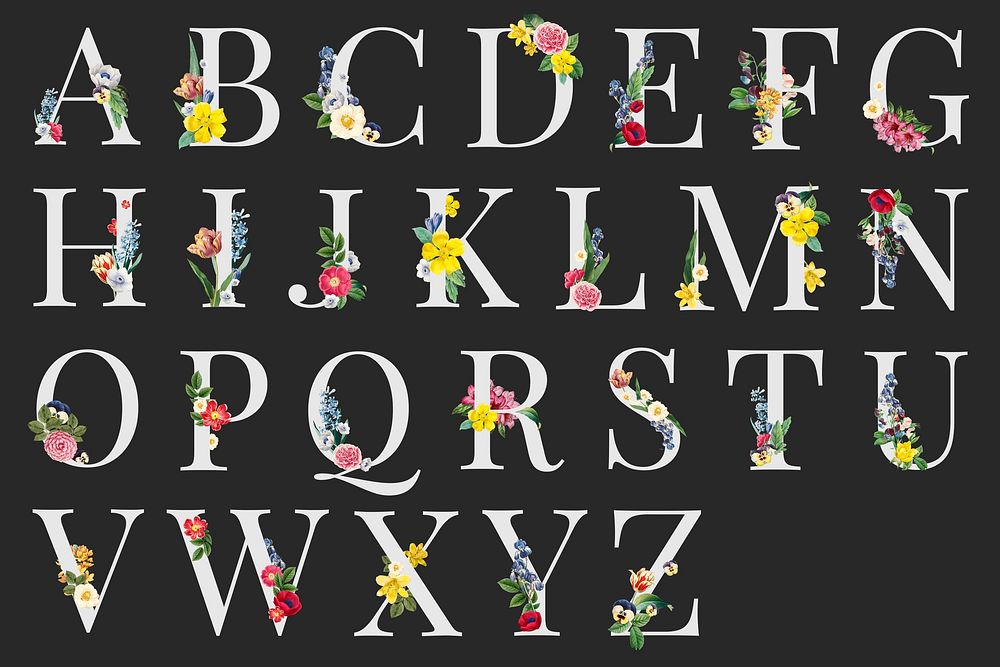 Floral alphabet, English capital letter set psd