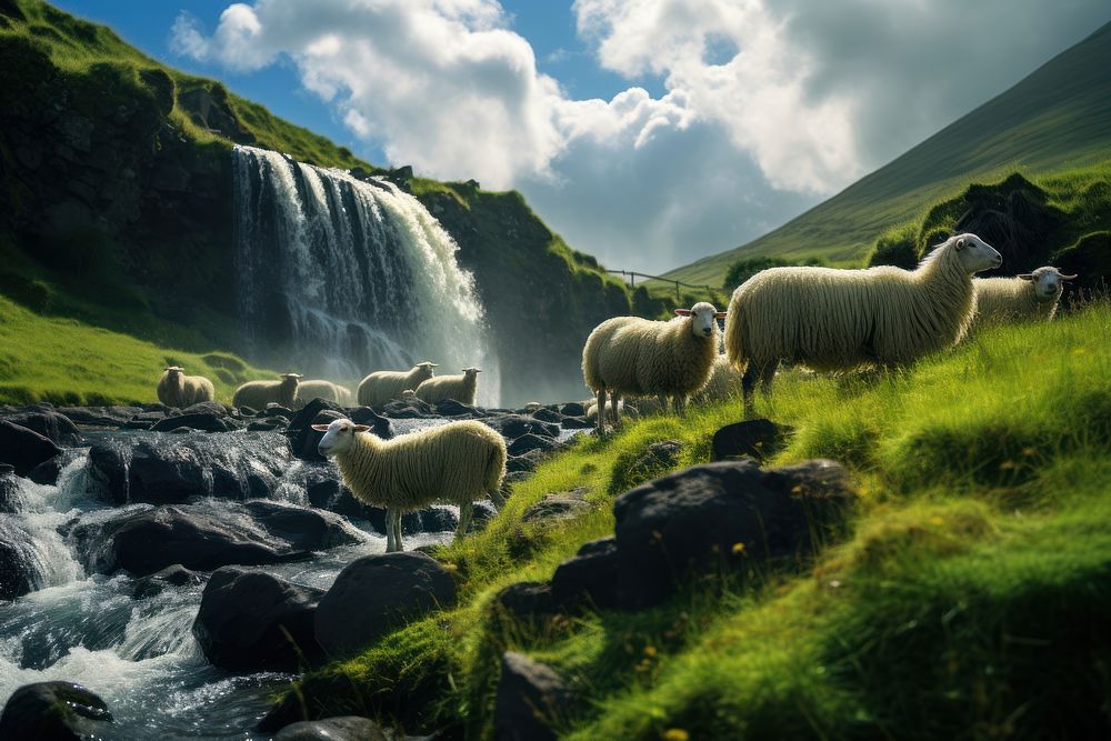 Landscape grazing sheep waterfall. AI generated Image by rawpixel.