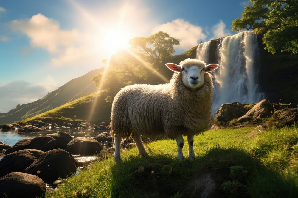 Landscape sheep sky waterfall. AI generated Image by rawpixel.