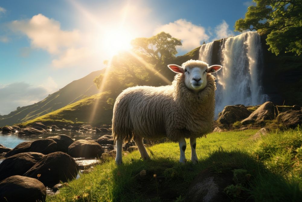 Landscape sheep sky waterfall. 