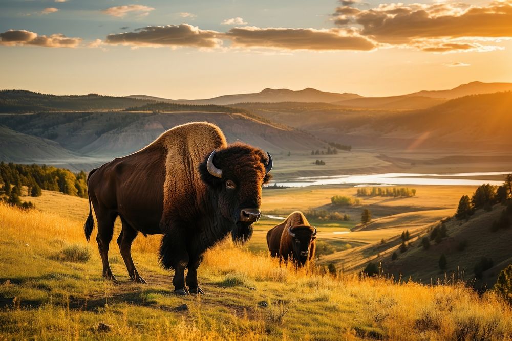 Bison landscape livestock mountain. AI generated Image by rawpixel.