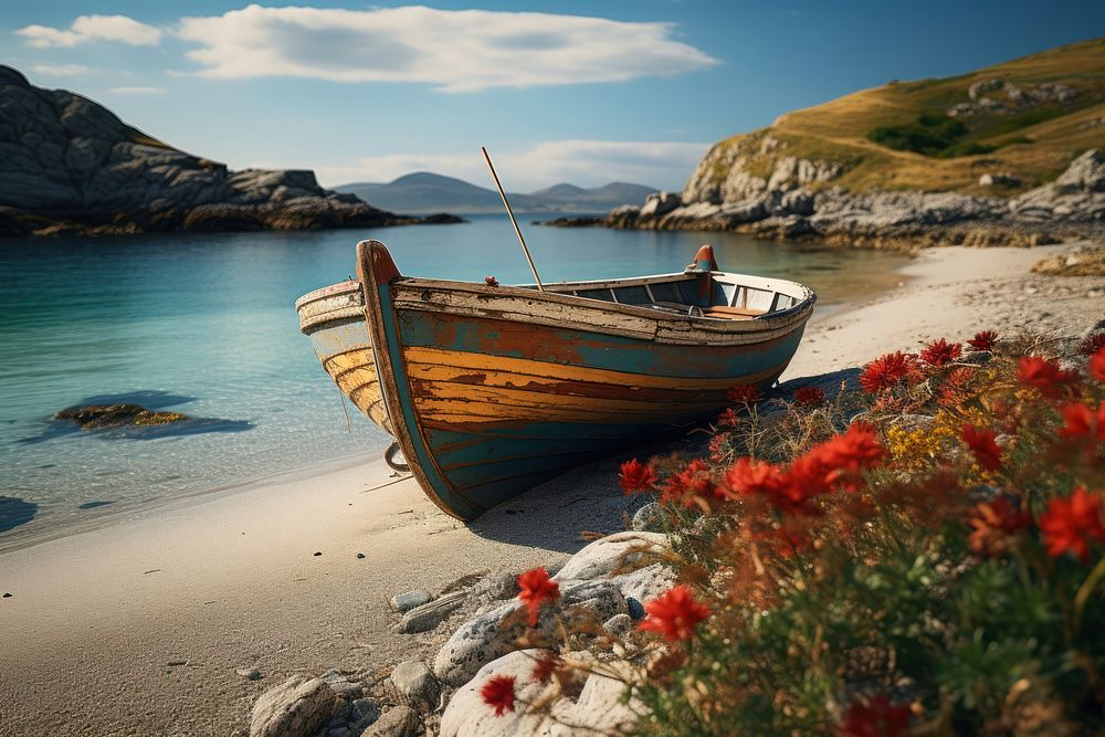 Landscape beach boat outdoors. AI generated Image by rawpixel.