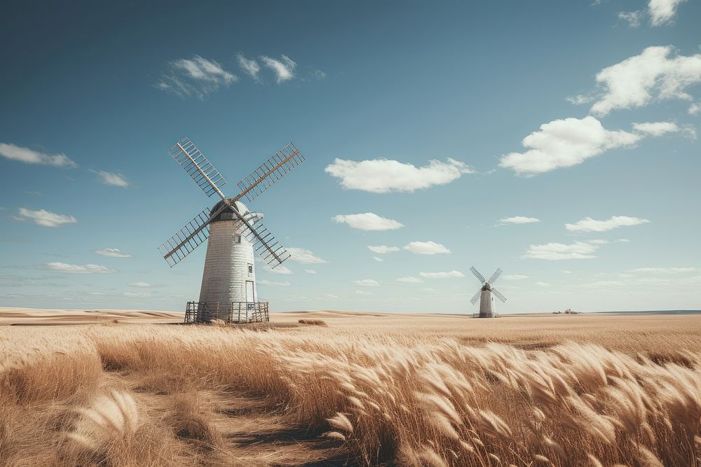 Windmill landscape outdoors field. AI generated Image by rawpixel.