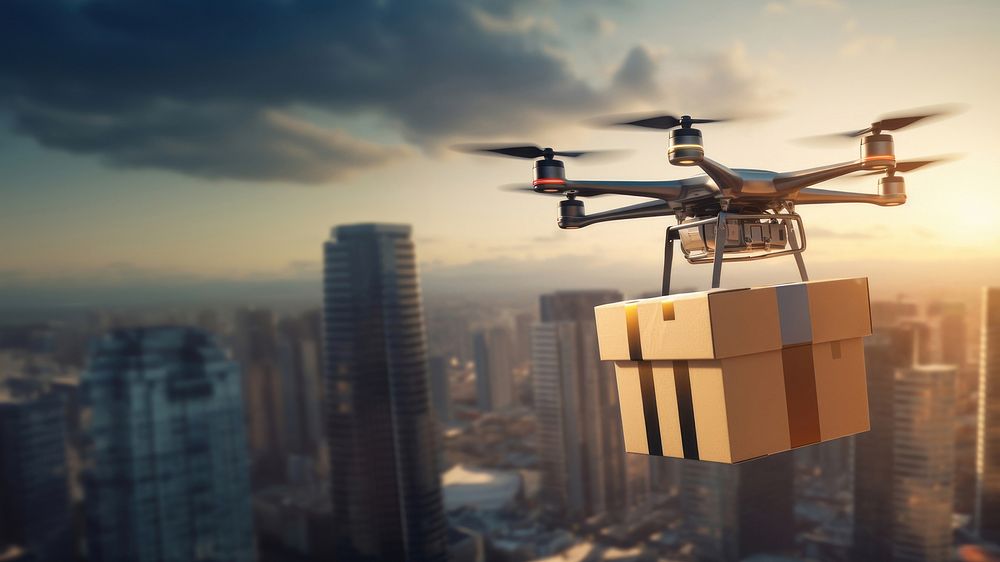 Drone carrying a package architecture helicopter aircraft. AI generated Image by rawpixel.