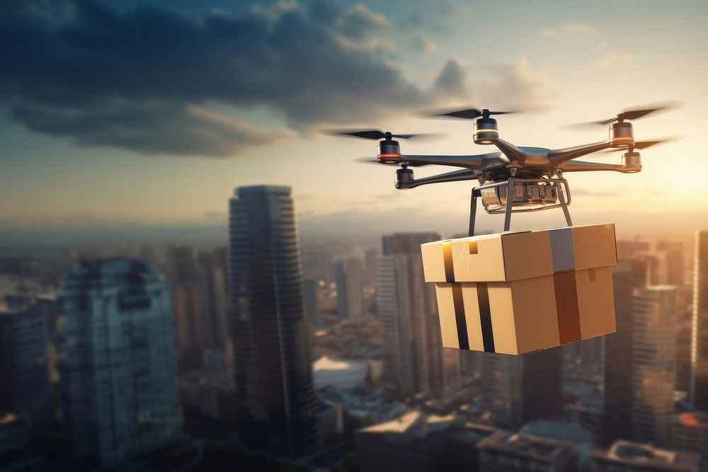 Drone carrying a package city architecture helicopter. AI generated Image by rawpixel.