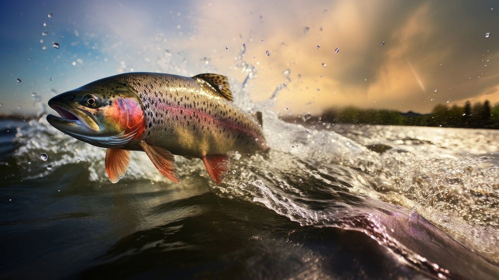Trout Fish jumping fish outdoors animal. AI generated Image by rawpixel.