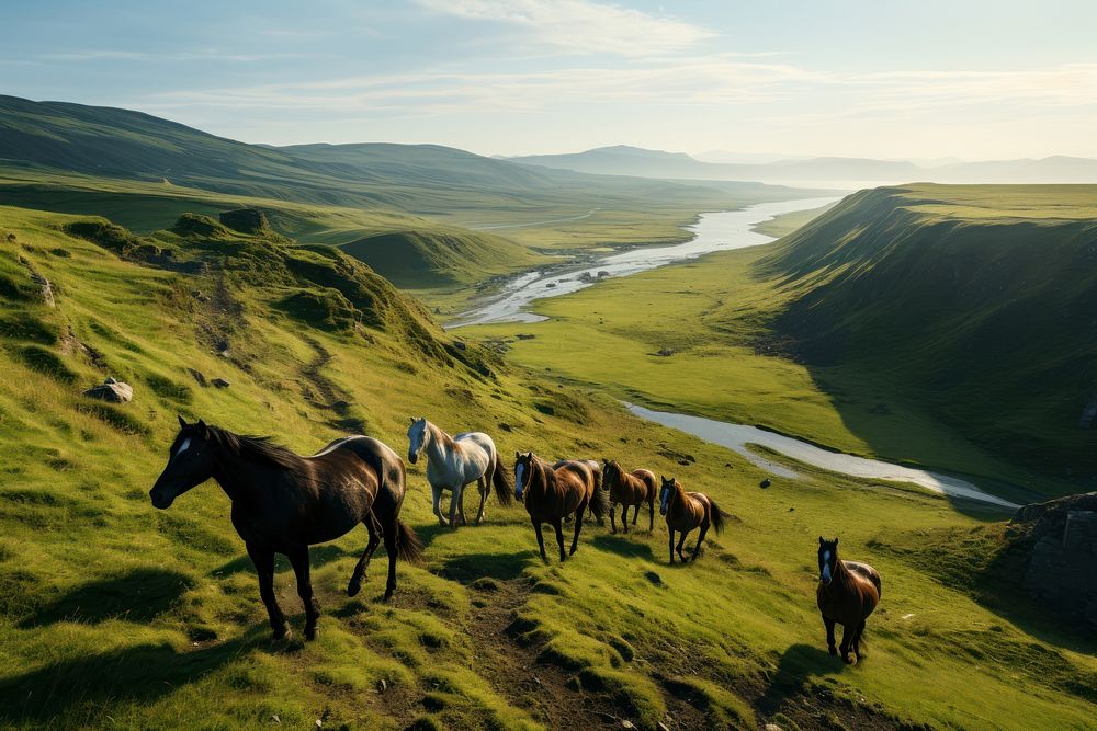 Landscape horse grassland outdoors. 