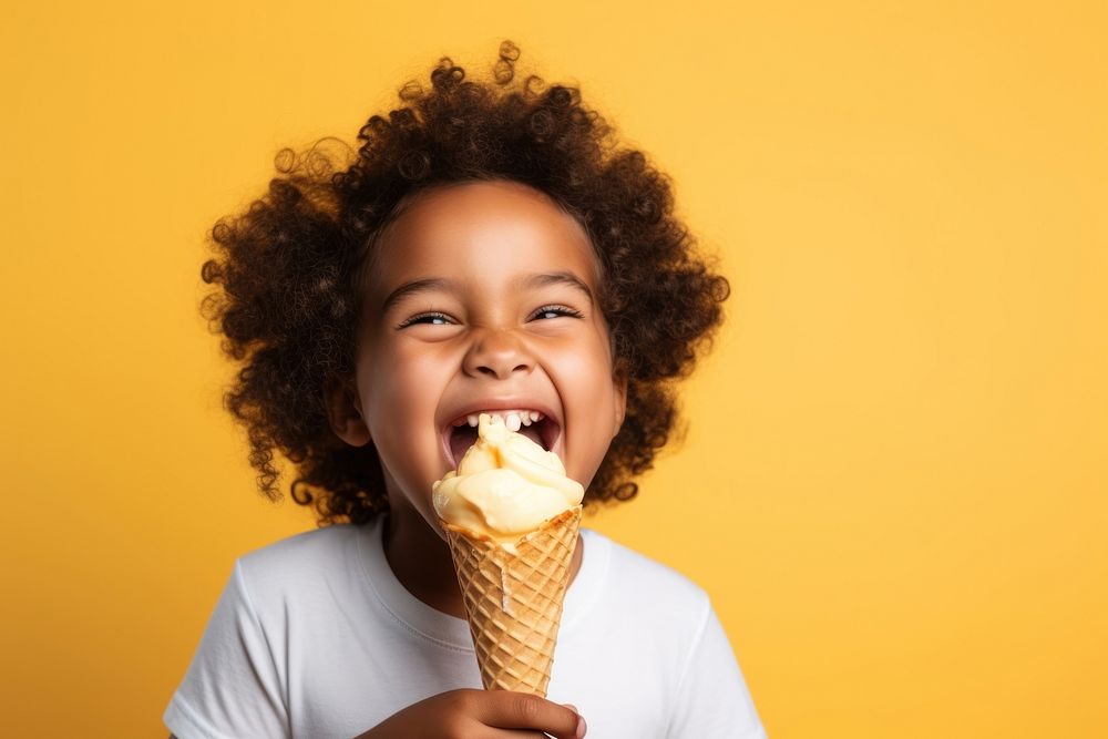 Kid eating ice cream cheerful dessert yellow. 