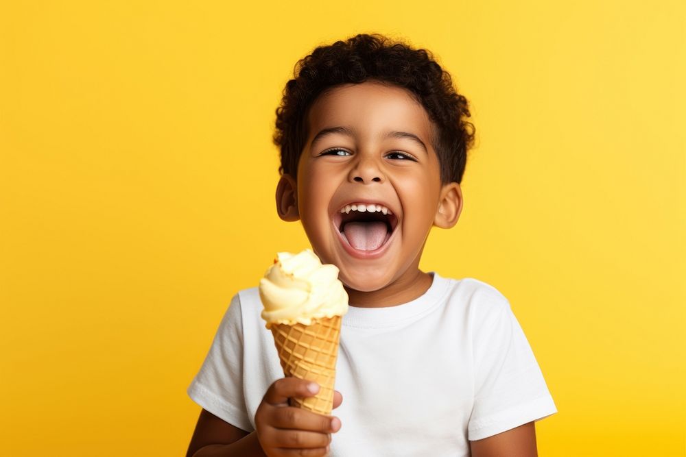 Kid eating ice cream cheerful dessert yellow. AI generated Image by rawpixel.