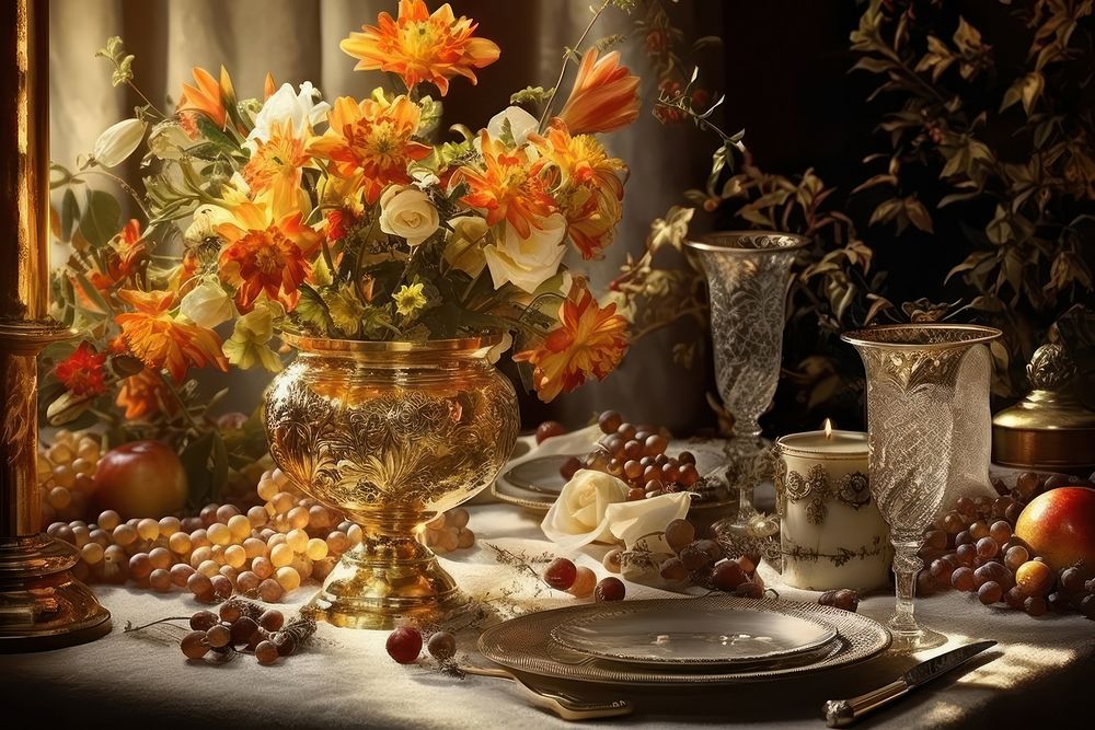 Flowers decorating a table setting candle plate glass. AI generated Image by rawpixel.