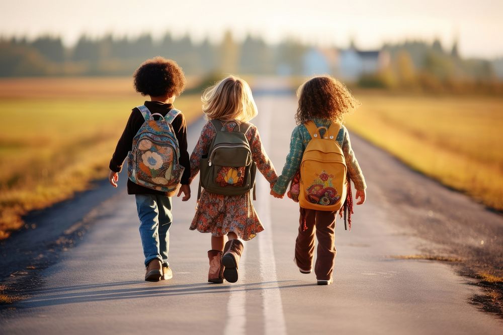 Walking child road togetherness. AI generated Image by rawpixel.