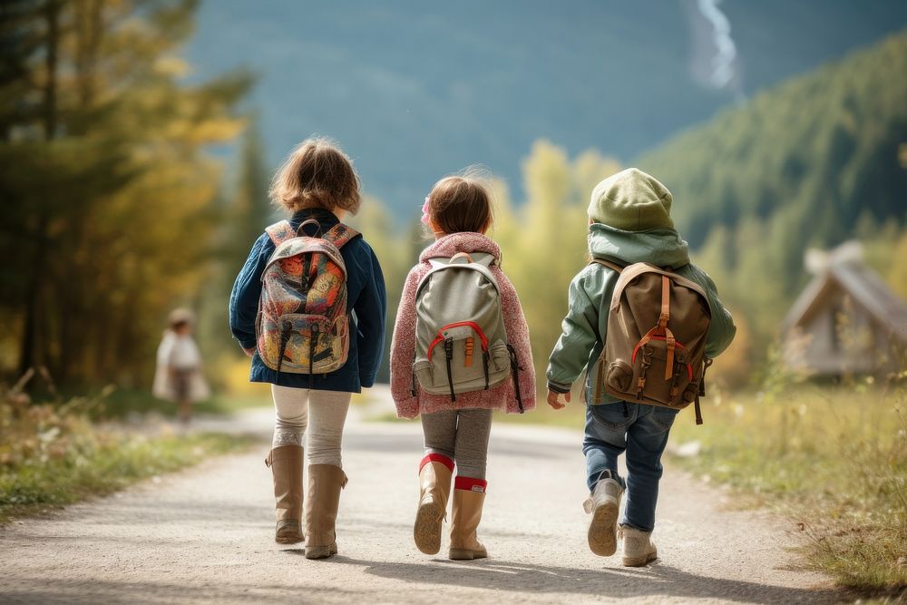 Walking child backpack togetherness. AI generated Image by rawpixel.
