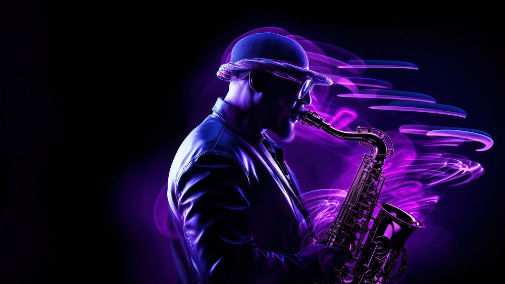 Jazz musician playing saxophone purple adult entertainment. 