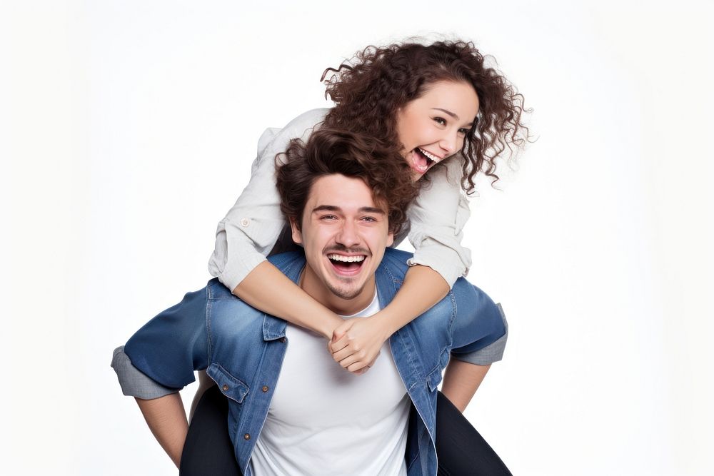 Couple piggyback laughing shouting adult. AI generated Image by rawpixel.
