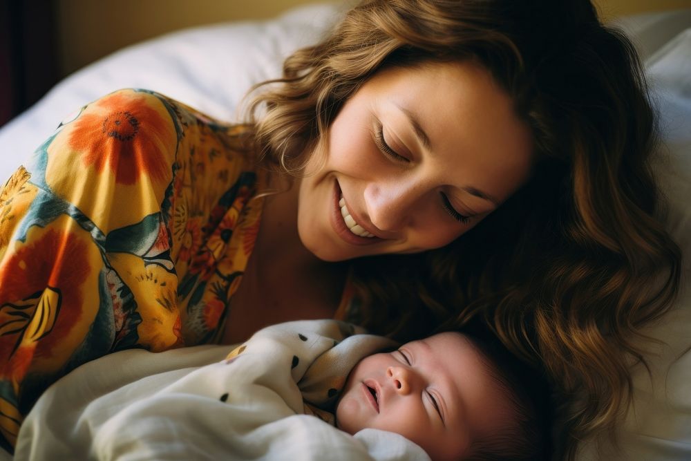 Mother newborn portrait smiling. 