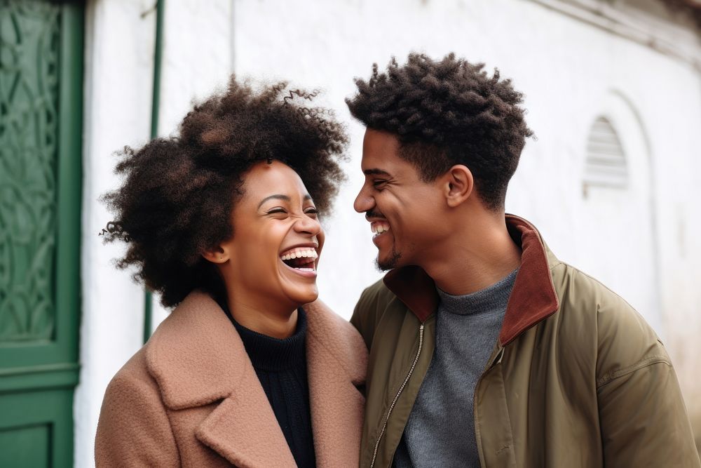 Black couple laughing adult affectionate. 