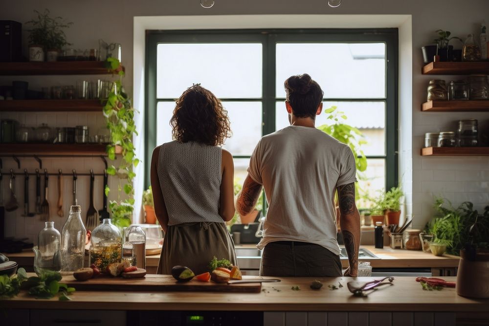 Couple cooking kitchen adult home. 