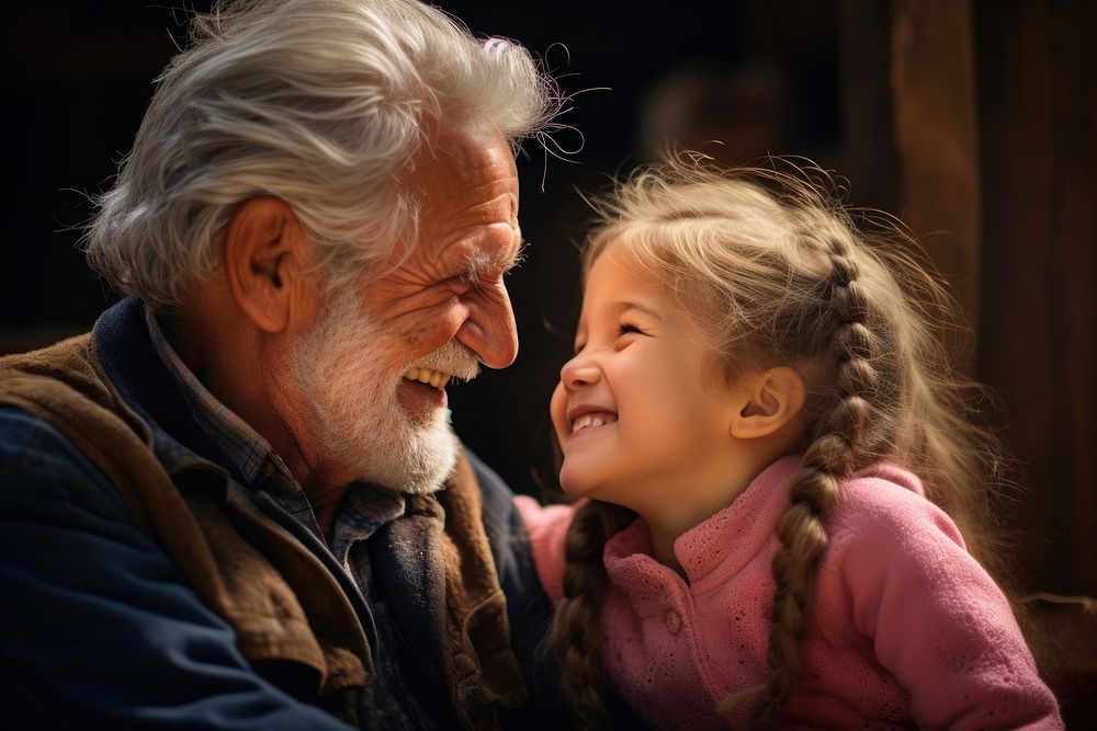 Child grandfather portrait laughing. 