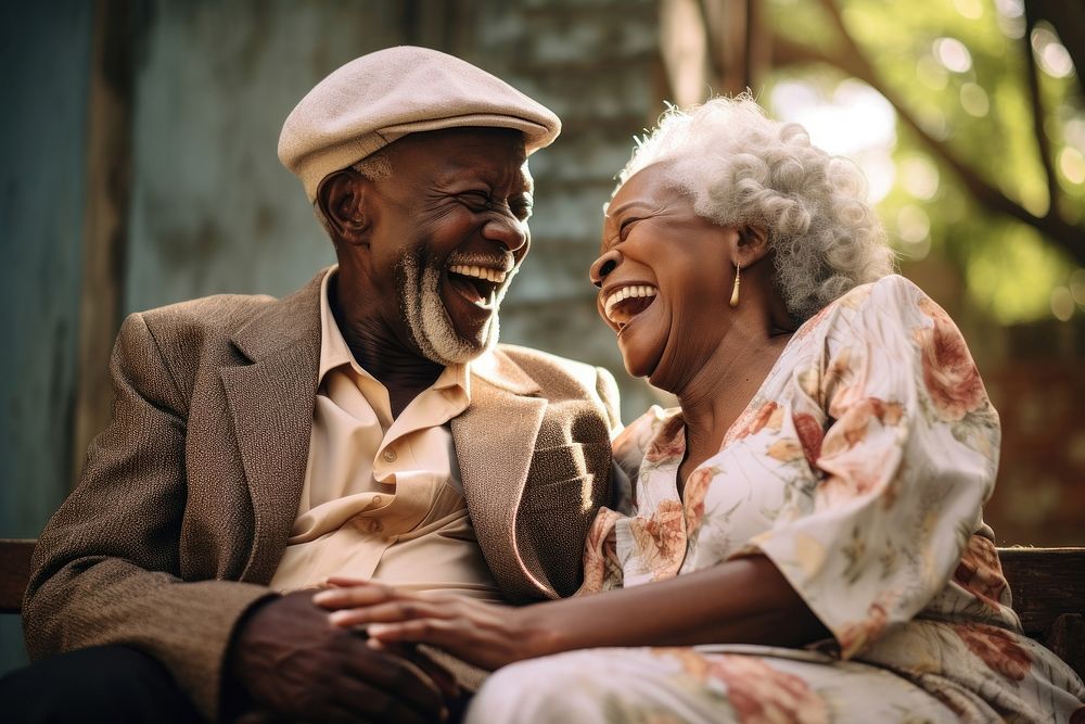 Old black couple laughing adult togetherness. 