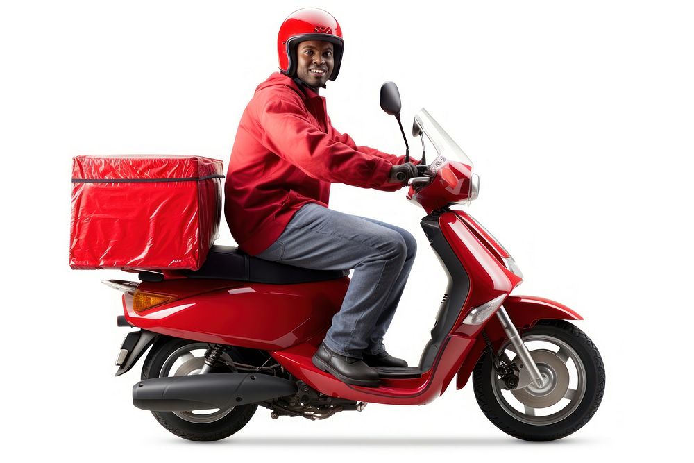 Black man riding a delivery motorcycle vehicle scooter helmet. AI generated Image by rawpixel.