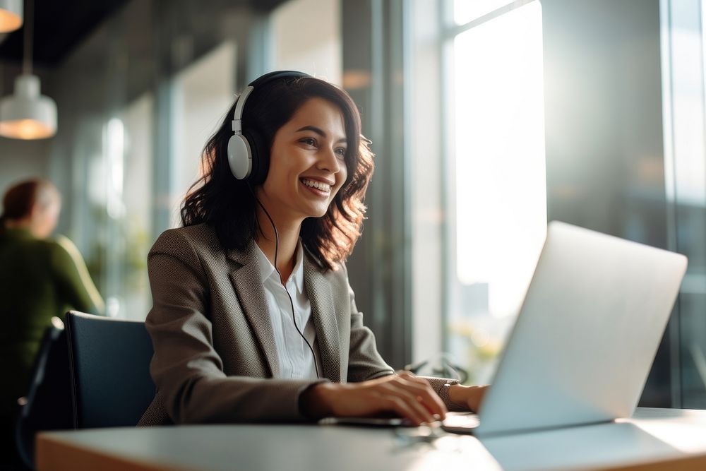 Headphones computer headset smiling. 