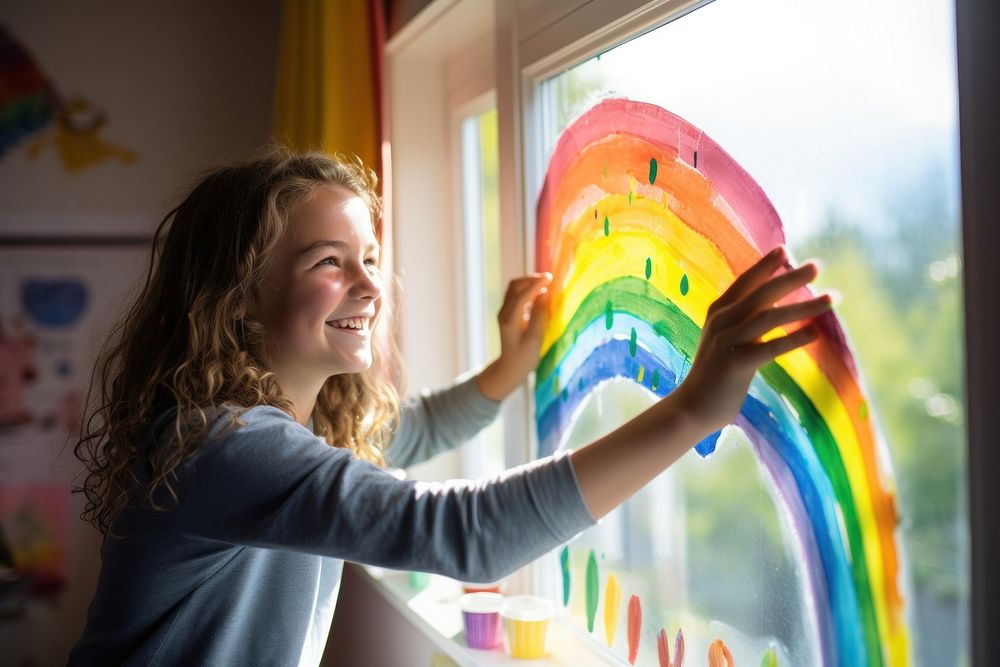 Painting rainbow window. 