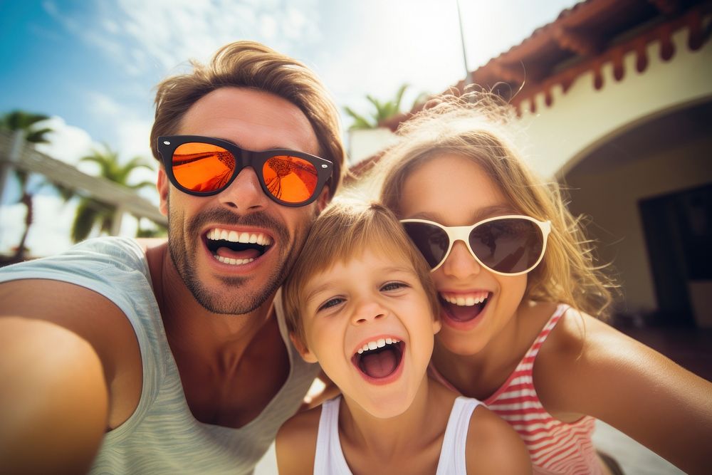 Sunglasses laughing vacation parent.