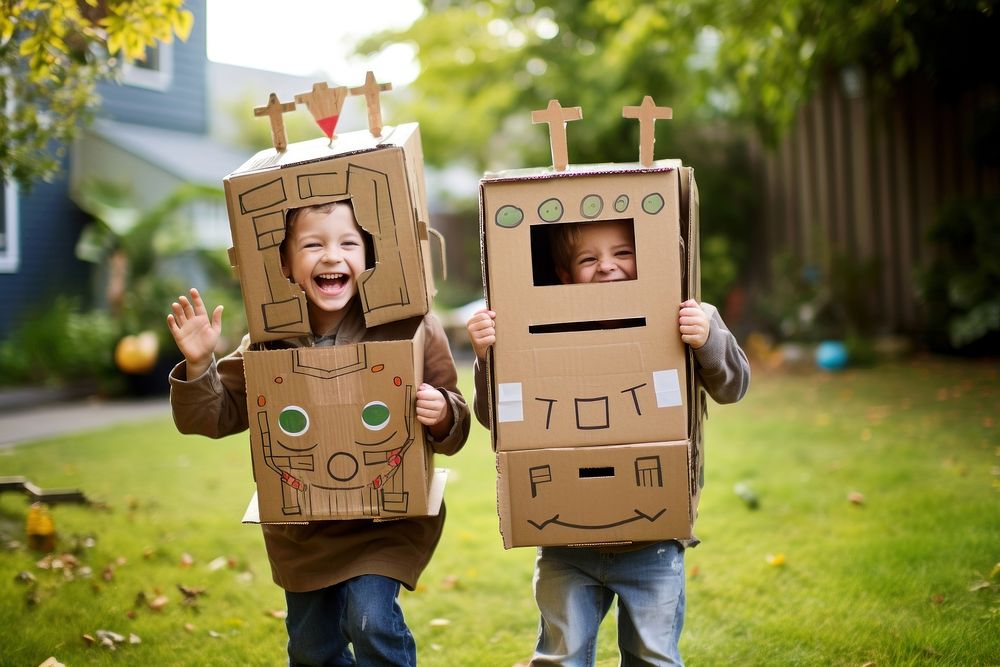 Cardboard box robot portrait outdoors costume. 