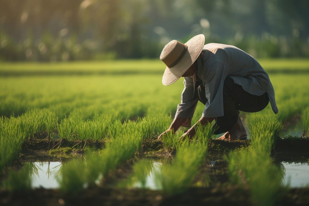 Male Farmer Examining Saplings Of Rice Fields field farm outdoors. 