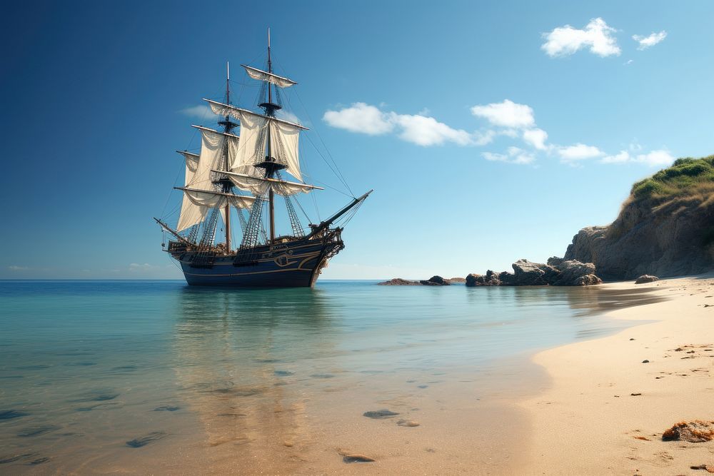 Pirate ship beach watercraft sailboat. AI generated Image by rawpixel.