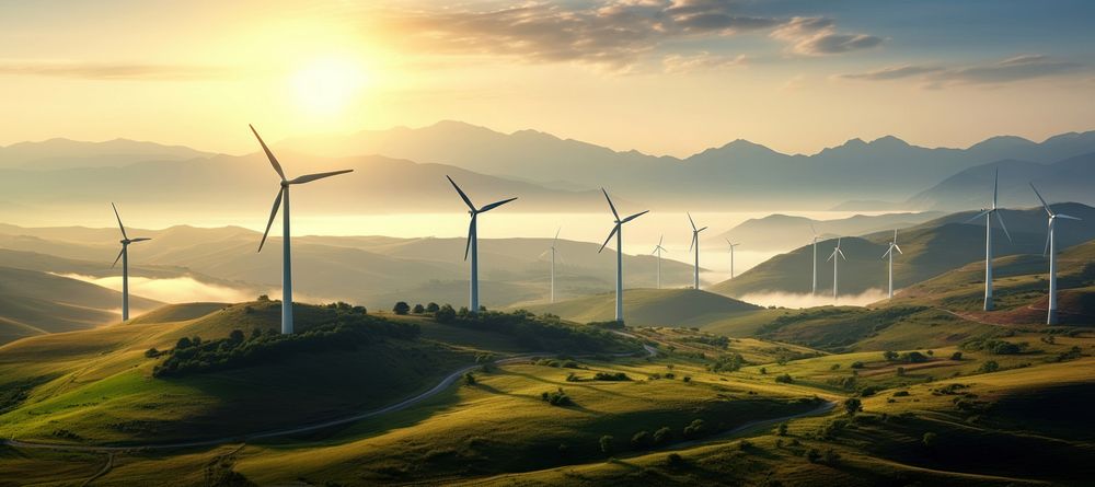 Panoramic view turbine landscape outdoors. 