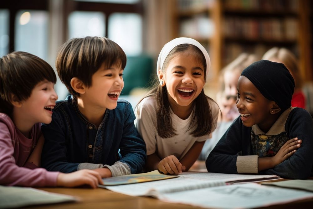 Laughing school child adult. 