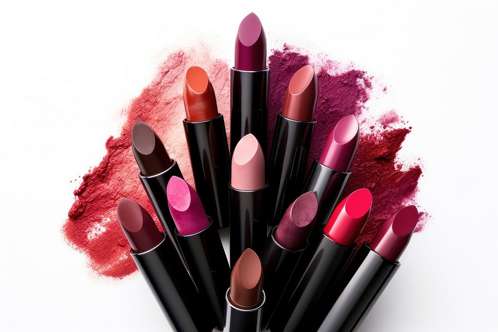 Lipsticks cosmetics white background arrangement. 