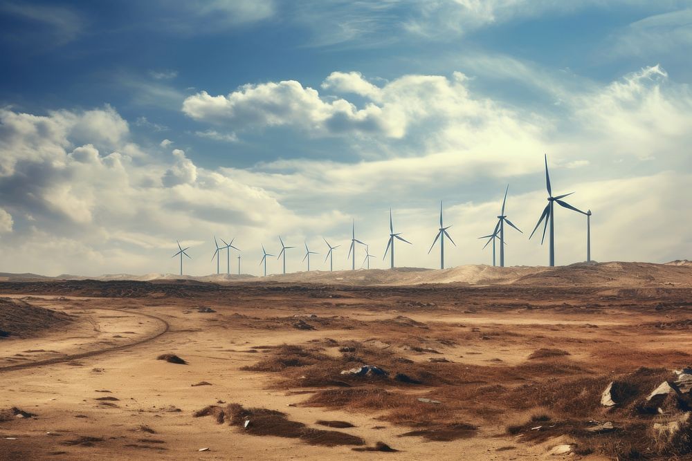 Wind farm outdoors windmill turbine. 