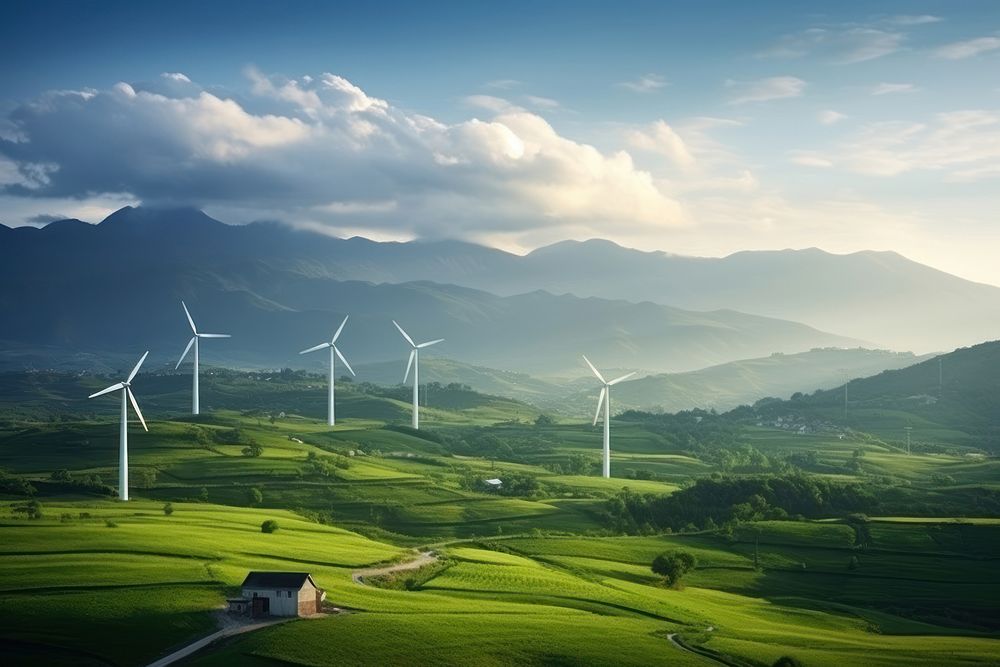Wind farm landscape outdoors windmill. AI generated Image by rawpixel.