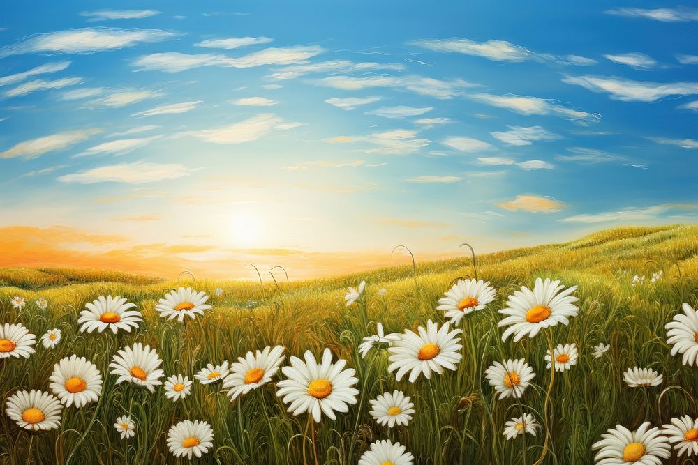 Daisy sky landscape grassland. AI generated Image by rawpixel.