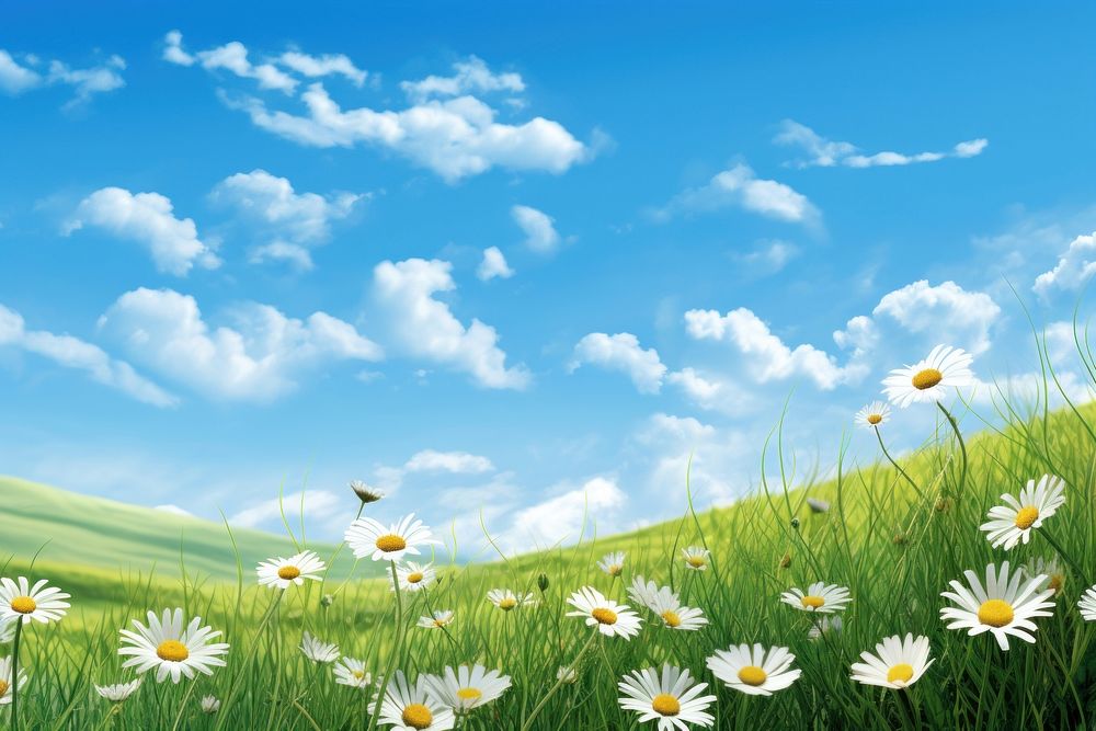 Daisy sky landscape grassland. AI generated Image by rawpixel.