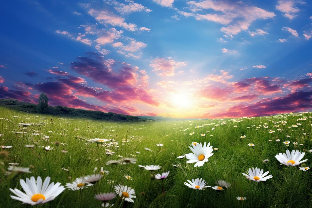 Daisy sky landscape grassland. AI generated Image by rawpixel.