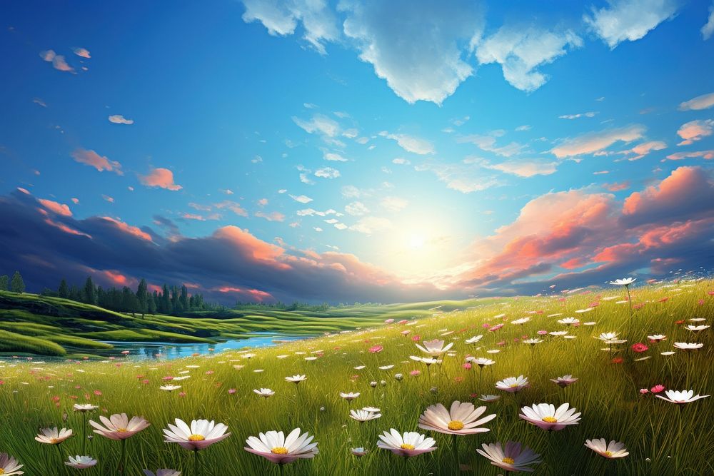 Daisy sky landscape grassland. AI generated Image by rawpixel.