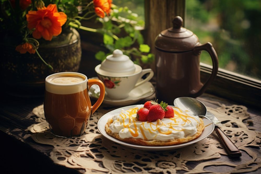 Coffee food brunch table. 