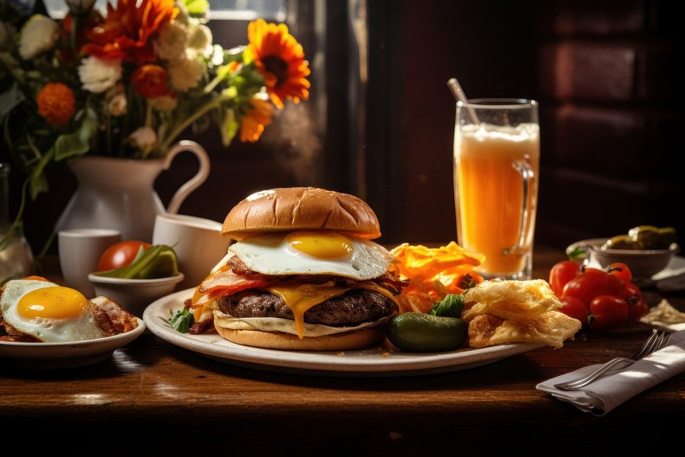 Hamburger brunch drink food. AI generated Image by rawpixel.